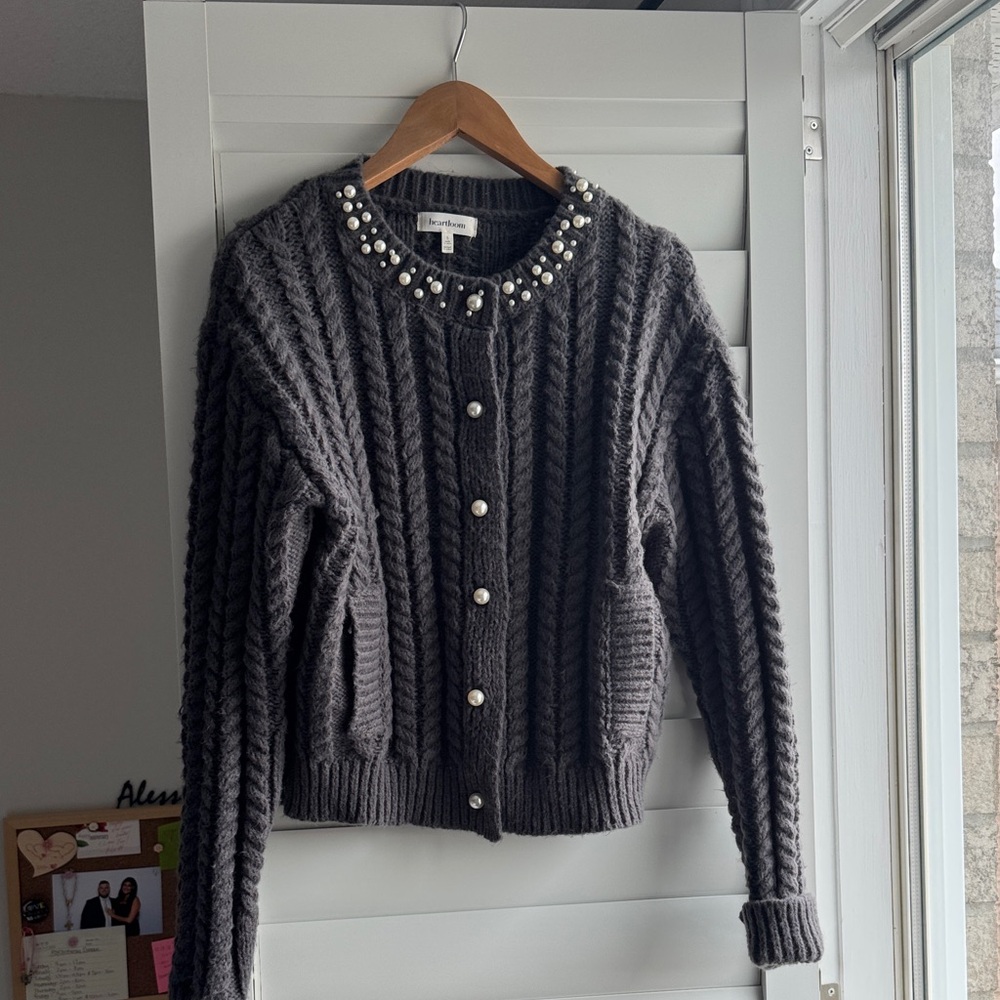 Heartloom Charcoal Cable Knit Pearl-Trim Cardigan